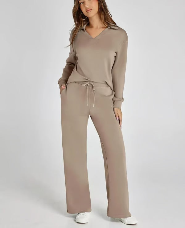 Loungewear Set - V Neck Top with Wide Leg Trousers
