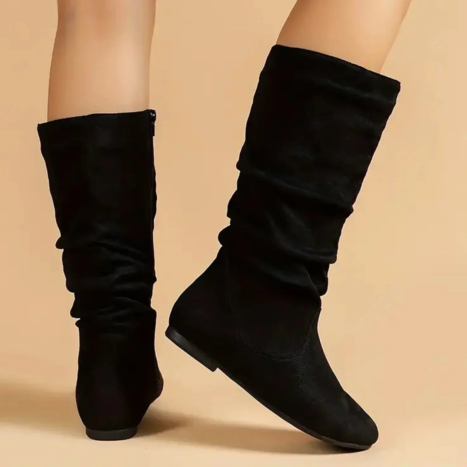 Mid Calf Boots - Flat Sole Slouch Style with Zip