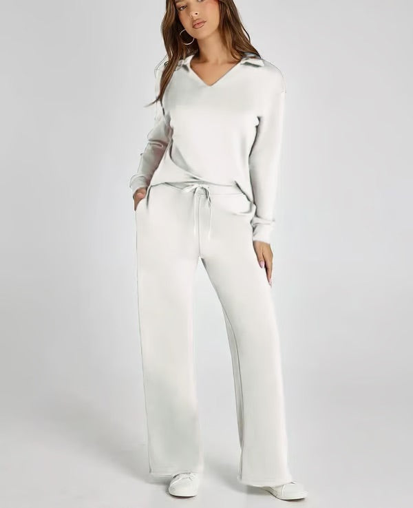 Loungewear Set - V Neck Top with Wide Leg Trousers