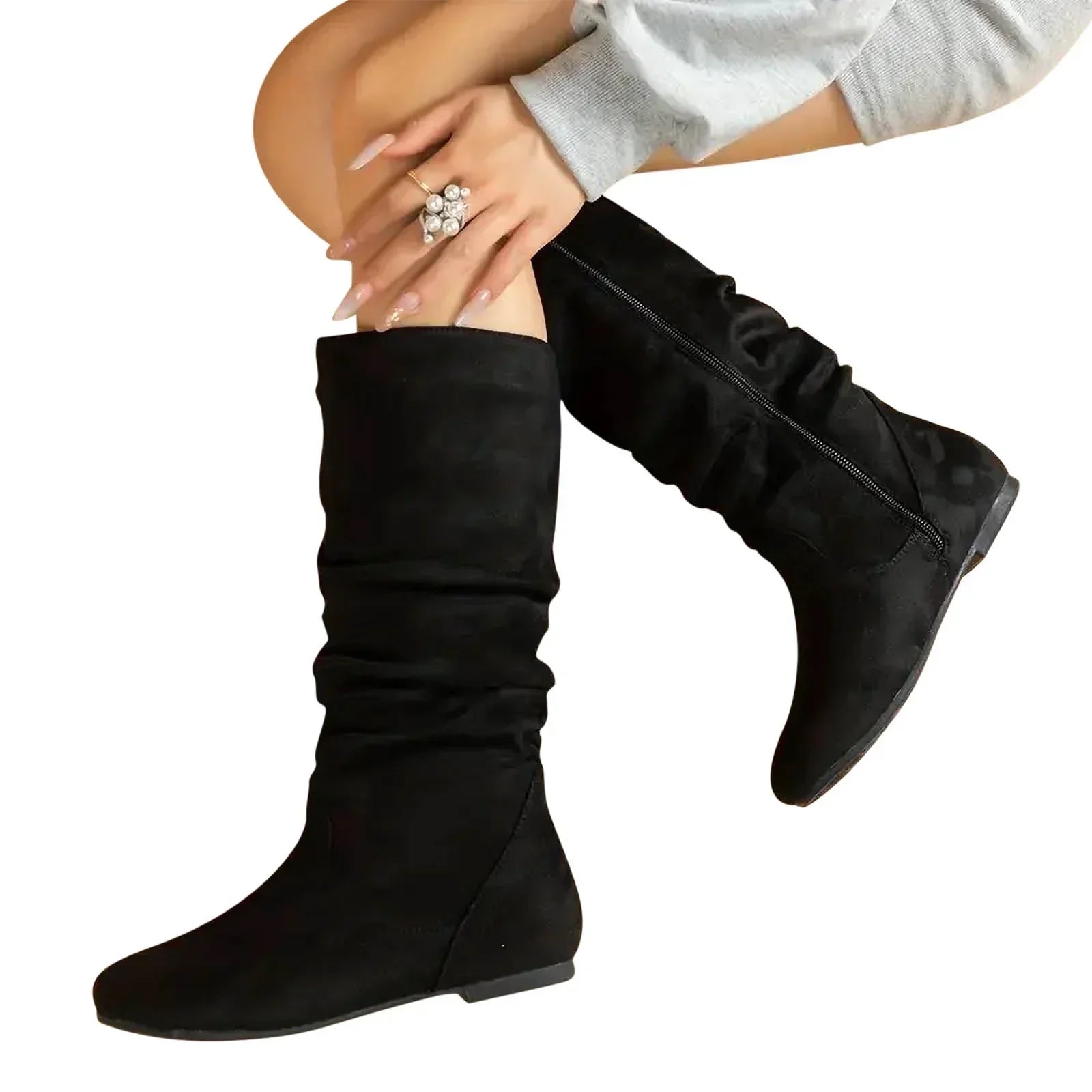 Mid Calf Boots - Flat Sole Slouch Style with Zip
