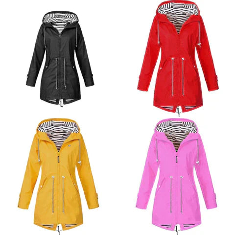 Hooded Rain Jacket - Drawstring Waist with Zip Front