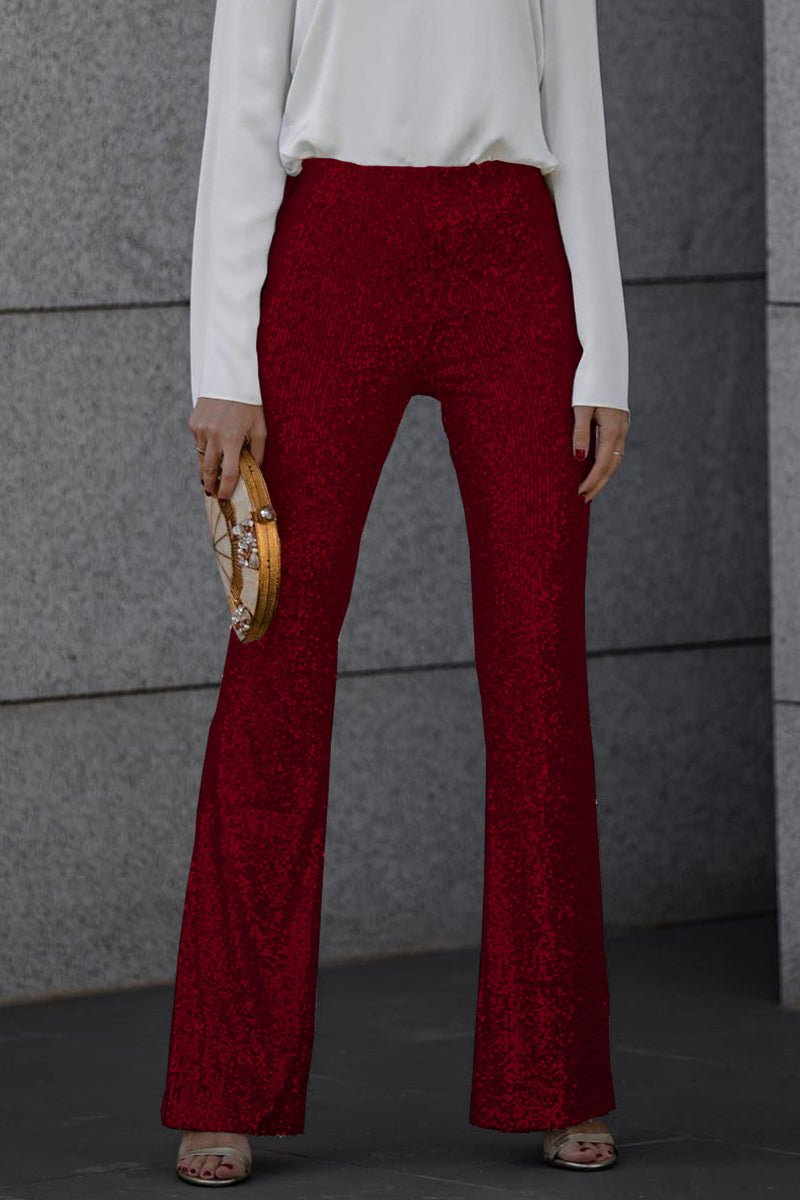 High Waist Flared Trousers - All Over Sequin Finish