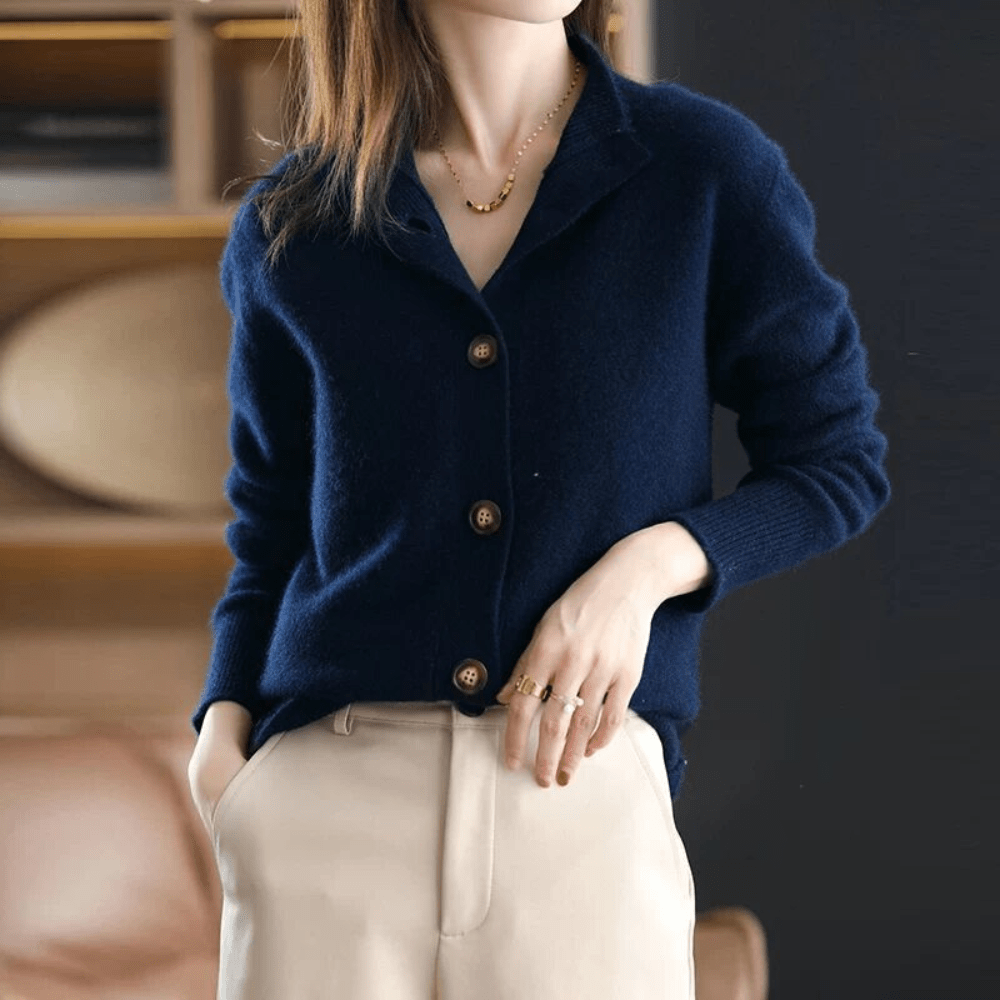 Button Front Knit Cardigan - Collared Neck