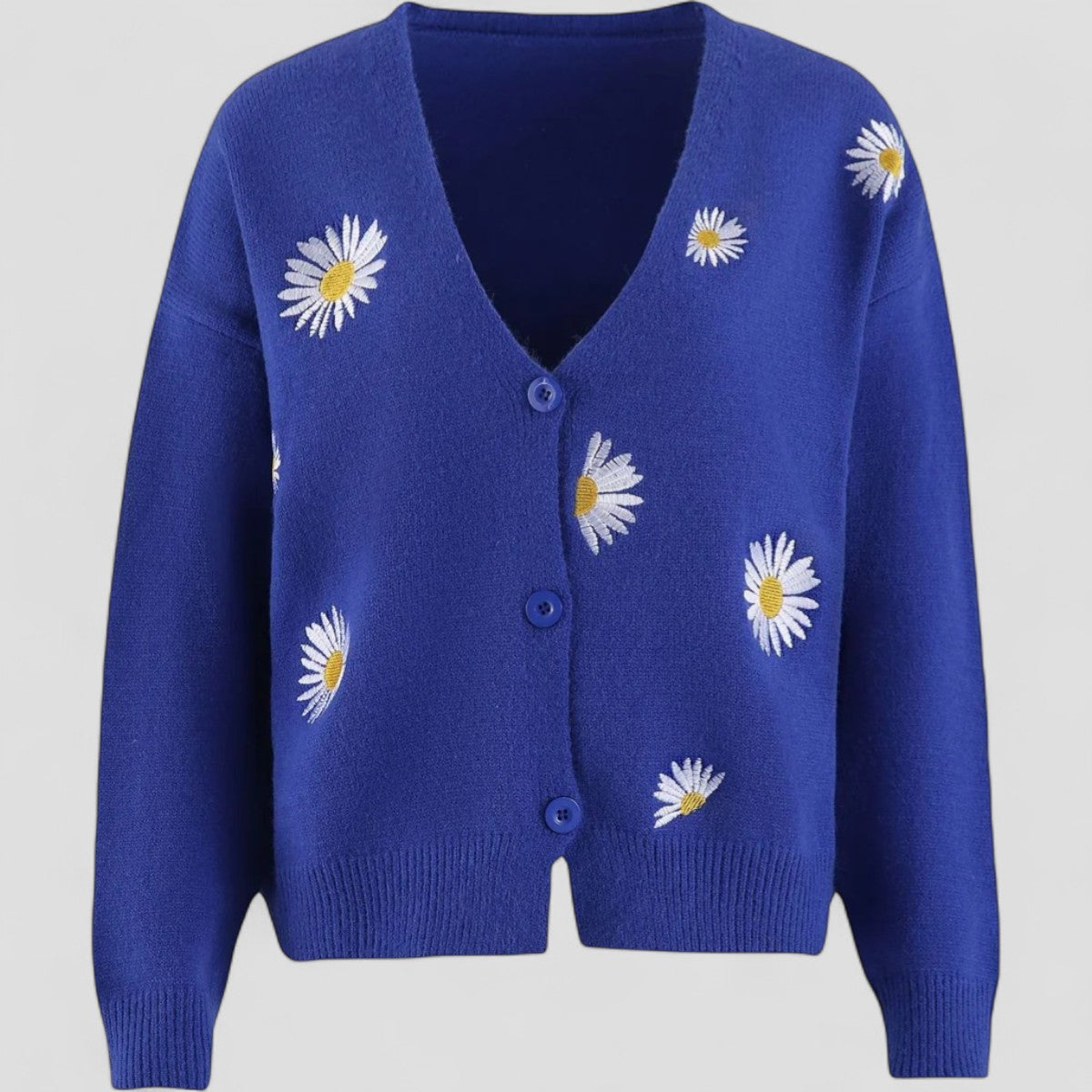 V Neck Button Up Cardigan - Floral Embroidery