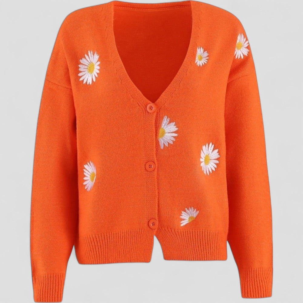 V Neck Button Up Cardigan - Floral Embroidery