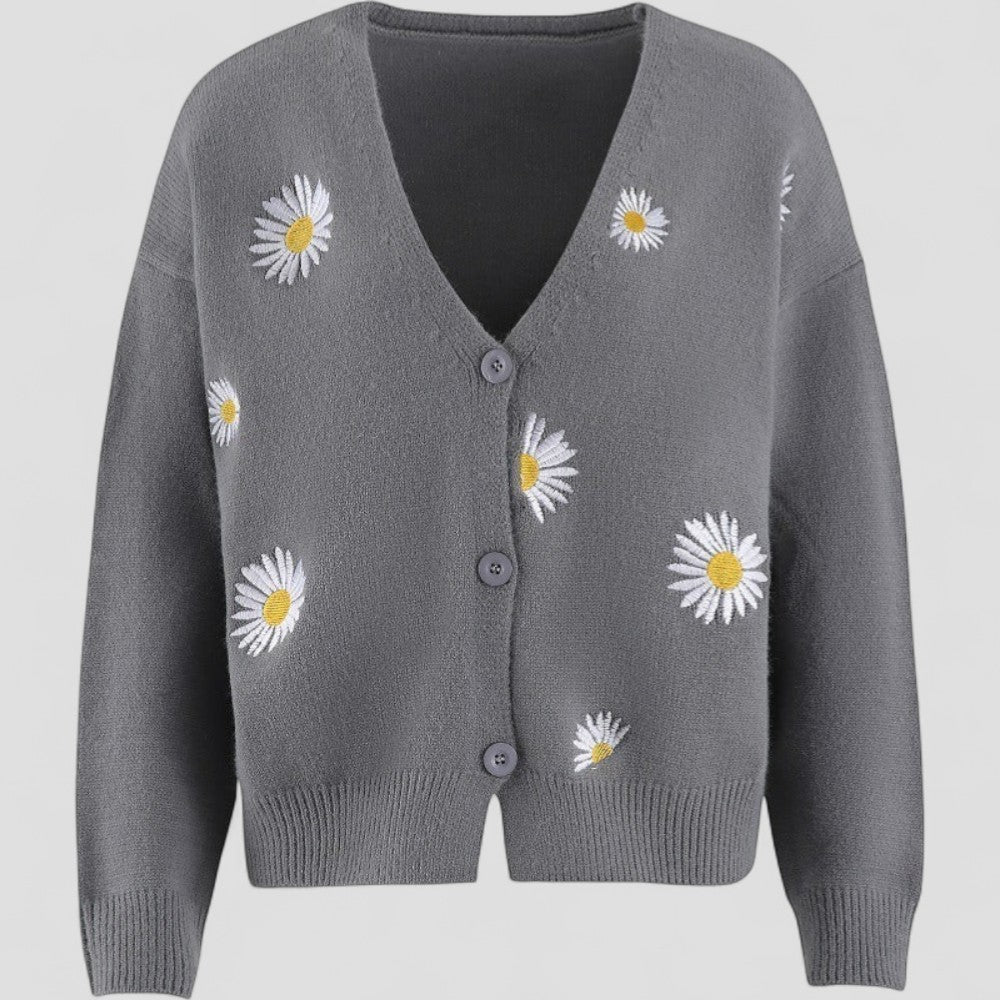 V Neck Button Up Cardigan - Floral Embroidery