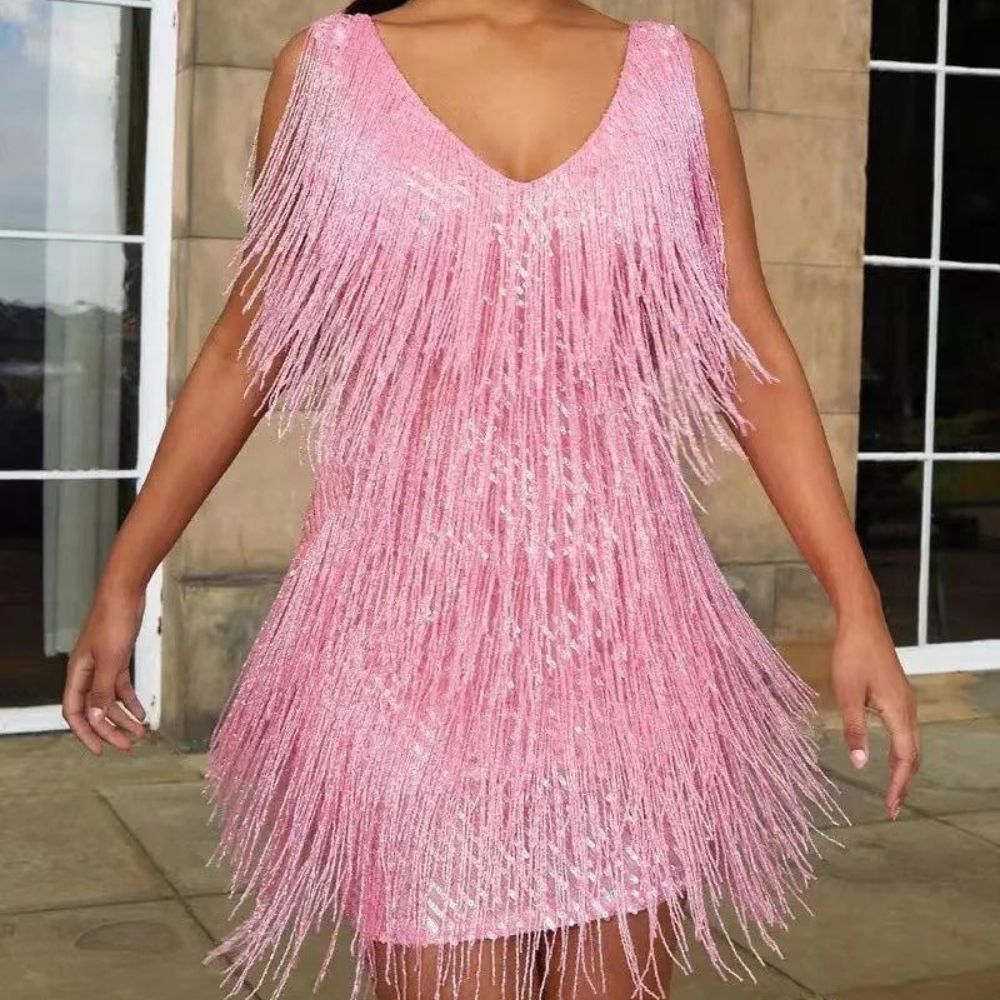 Party Mini Dress - Fringe Detail with V Neck