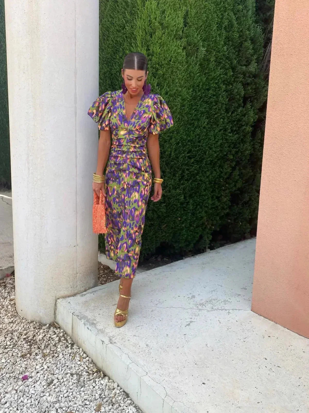 Women's V Neck Puff Sleeve Midi Dress
