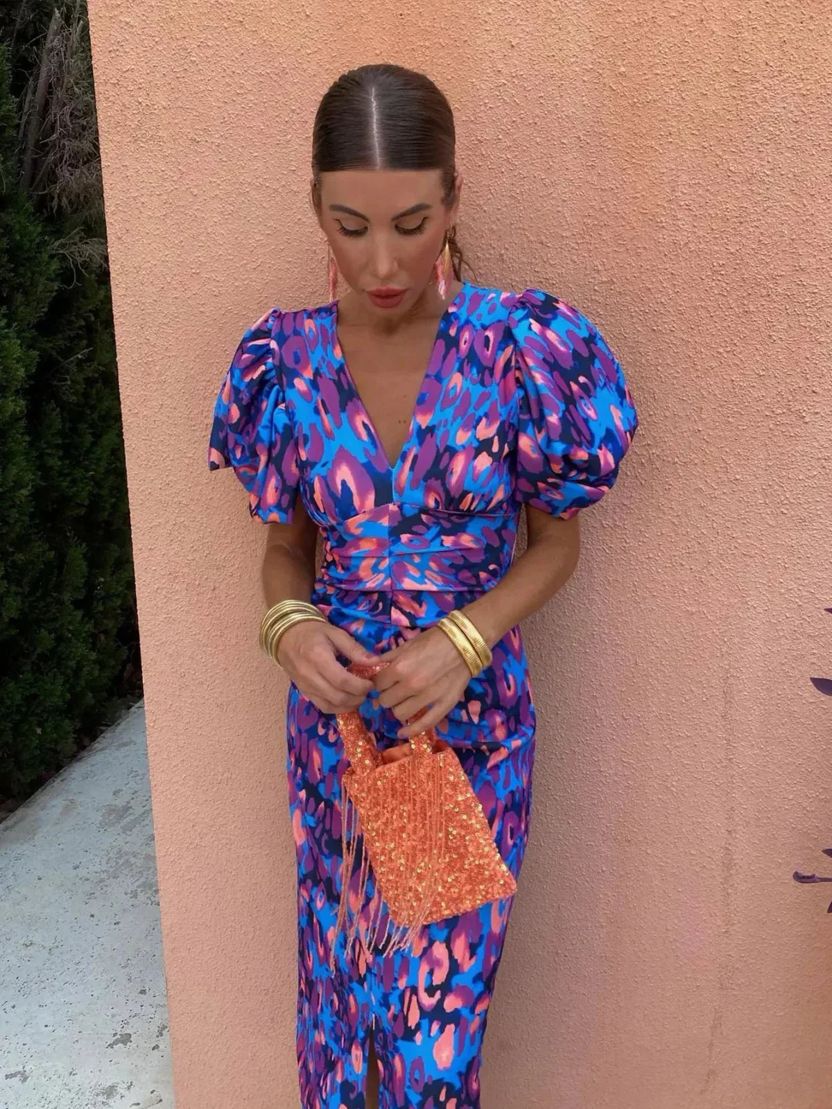Women's V Neck Puff Sleeve Midi Dress