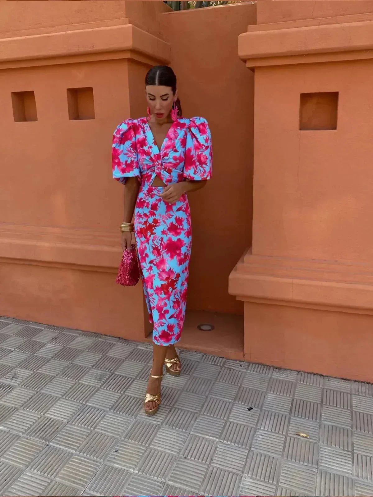 Women's V Neck Puff Sleeve Midi Dress