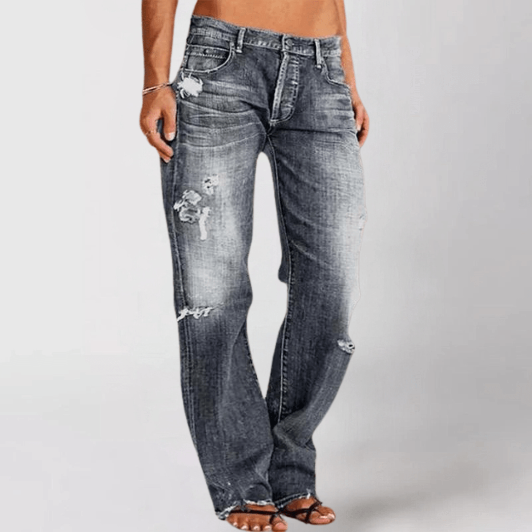 Wide Leg Jeans - Distressed Ripped Style