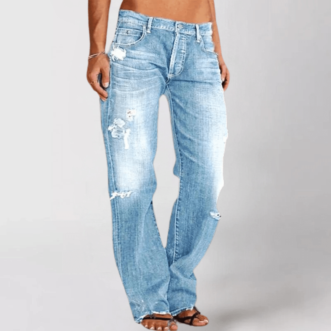 Wide Leg Jeans - Distressed Ripped Style