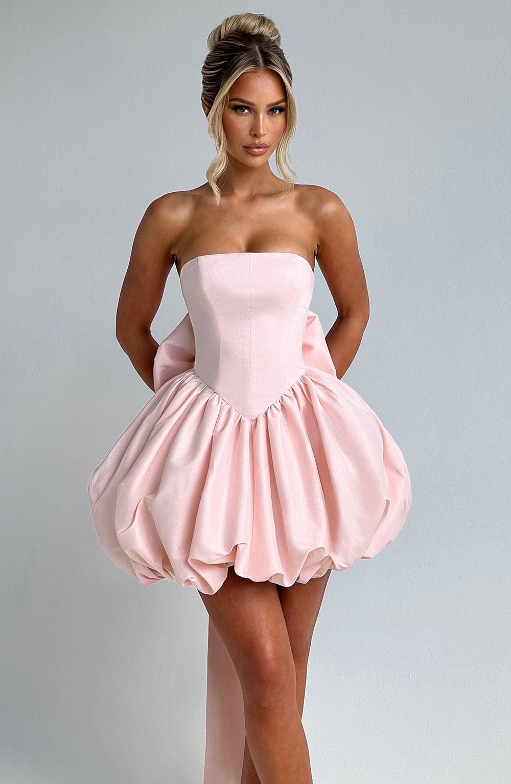 Women’s Strapless Puff Ball Mini Dress | Boned Bodice Lace Up Back With Detachable Bow
