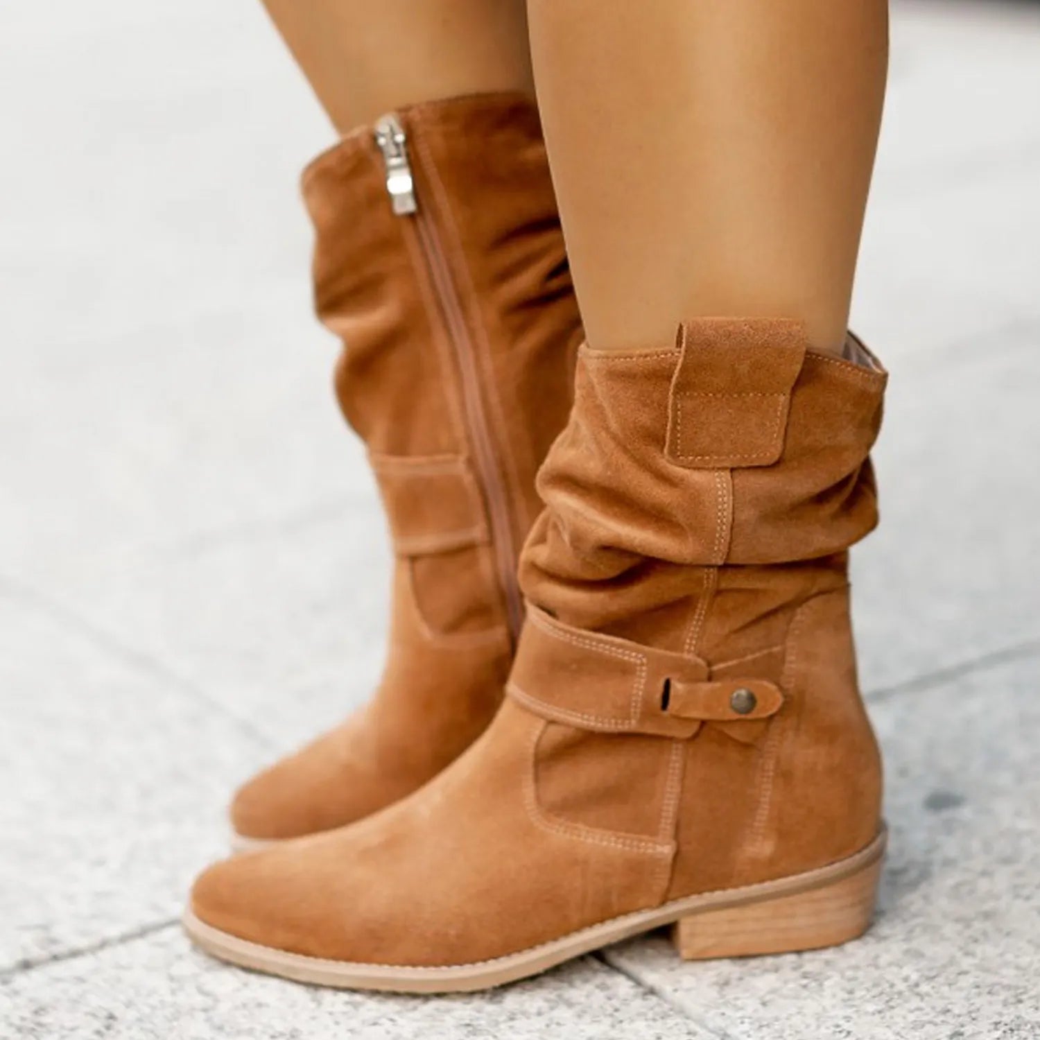 Slouch Ankle Boots - Side Zip with Mid Block Heel