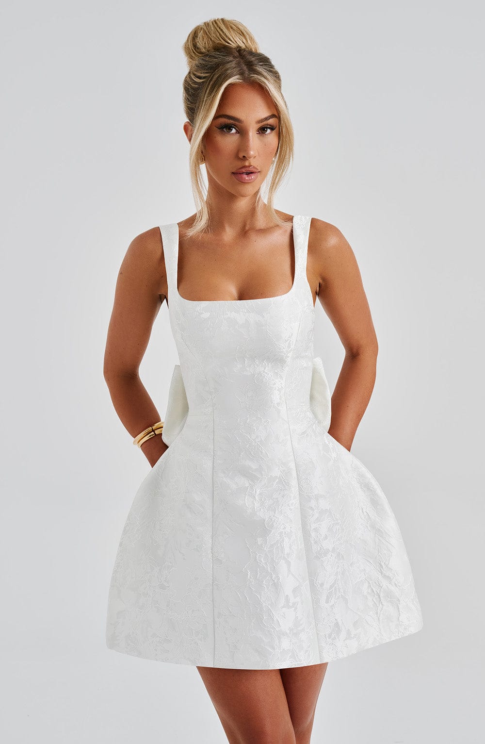 Women’s Square Neck Tulip Mini Dress | Detachable Bow Lace Up Back