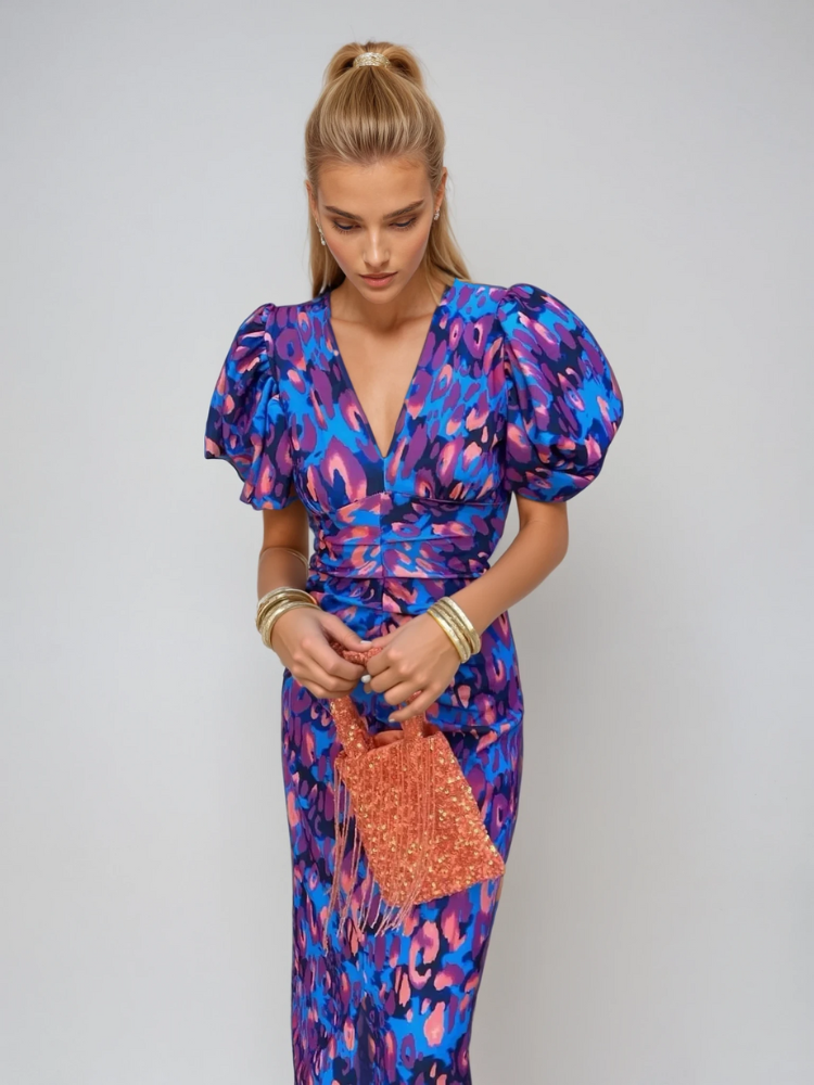 Women's V Neck Puff Sleeve Midi Dress
