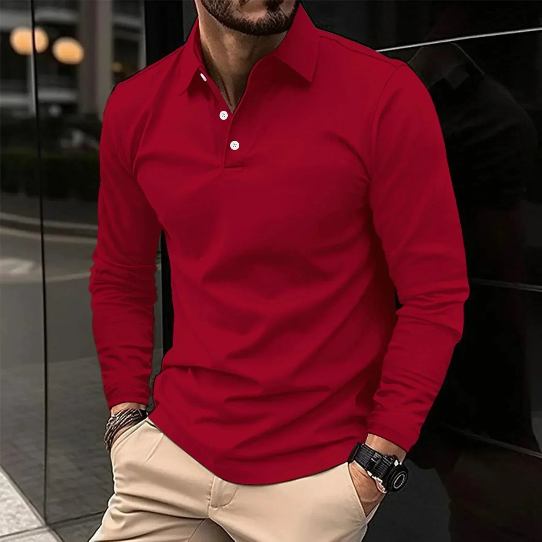 Long Sleeve Polo Shirt - Classic Button Neck
