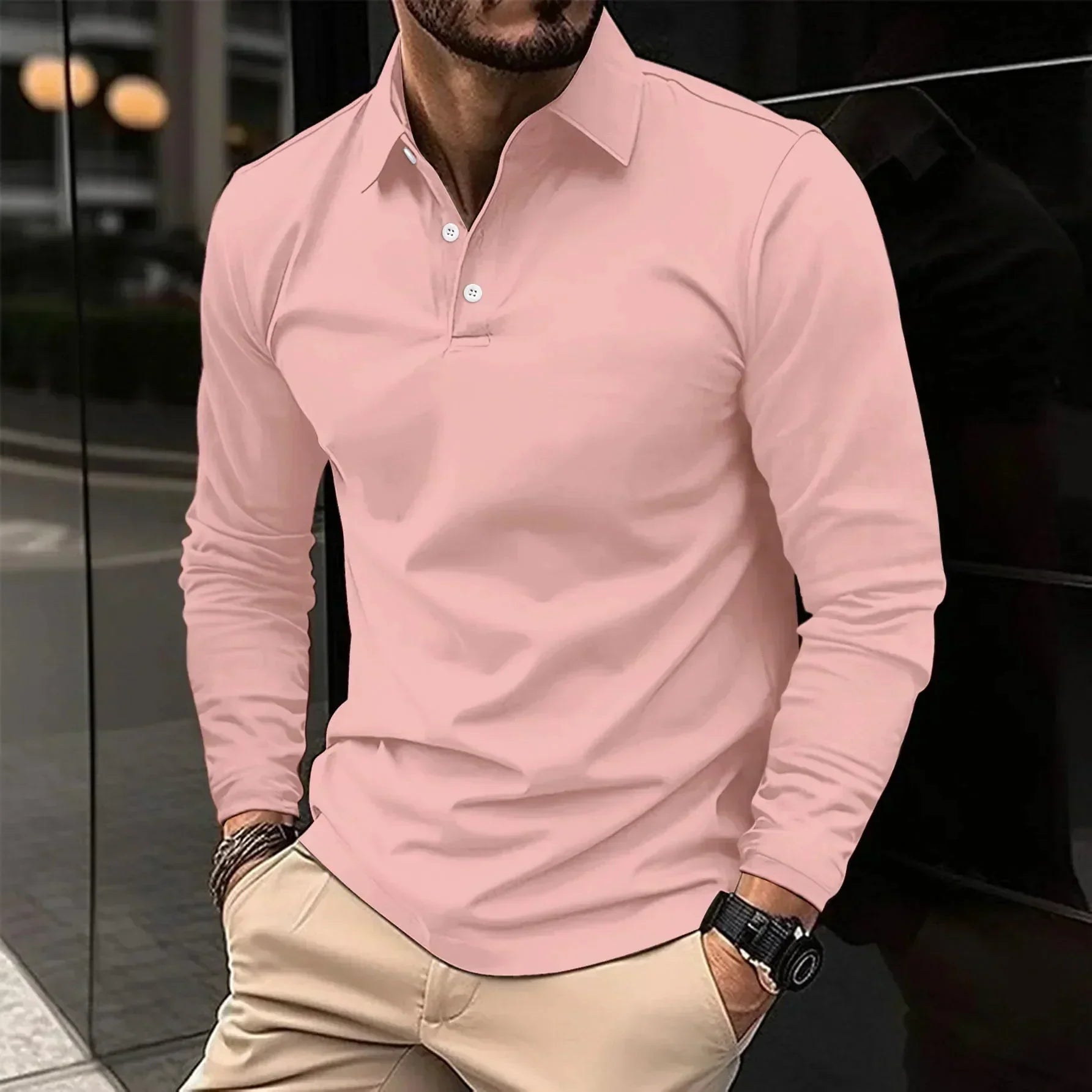 Long Sleeve Polo Shirt - Classic Button Neck