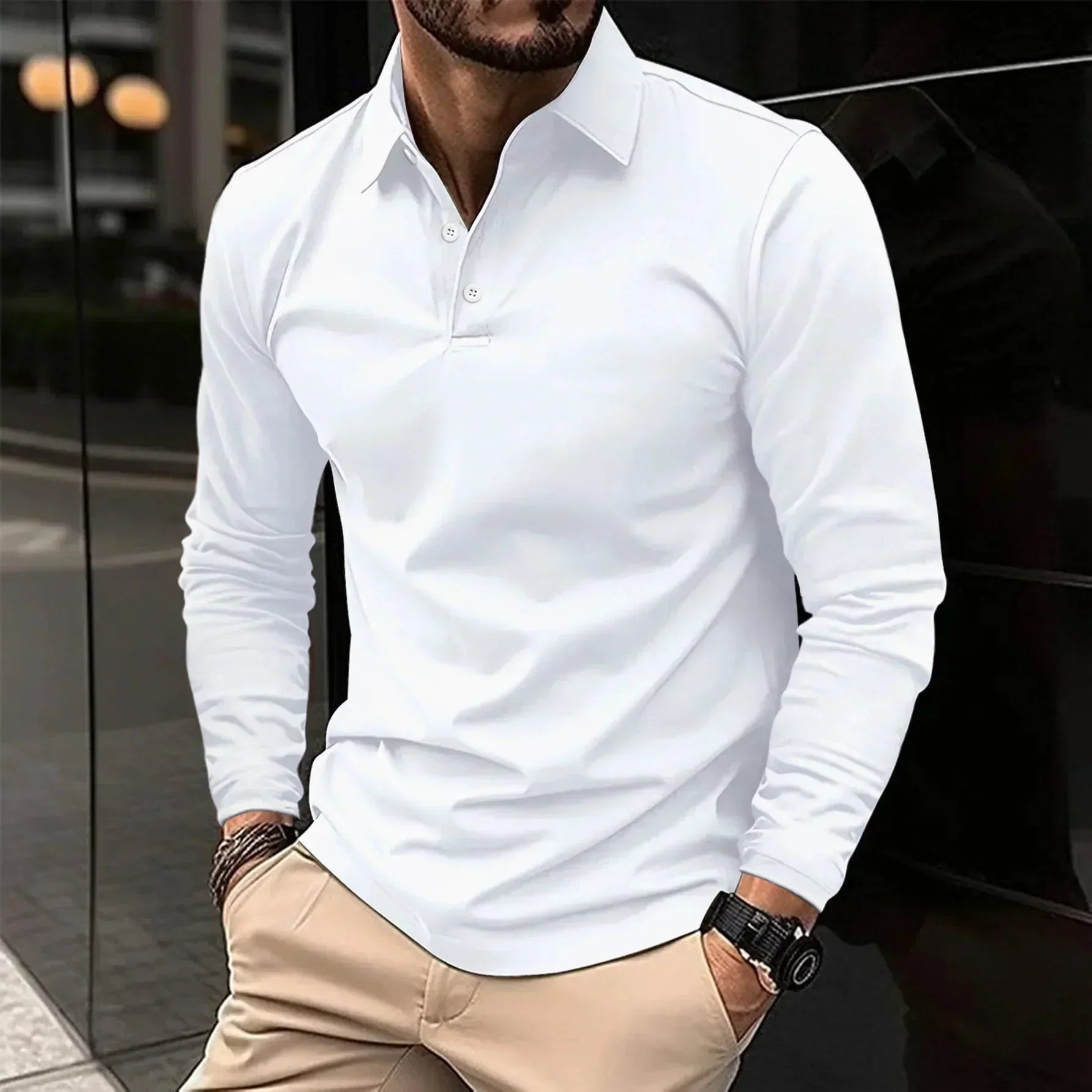 Long Sleeve Polo Shirt - Classic Button Neck