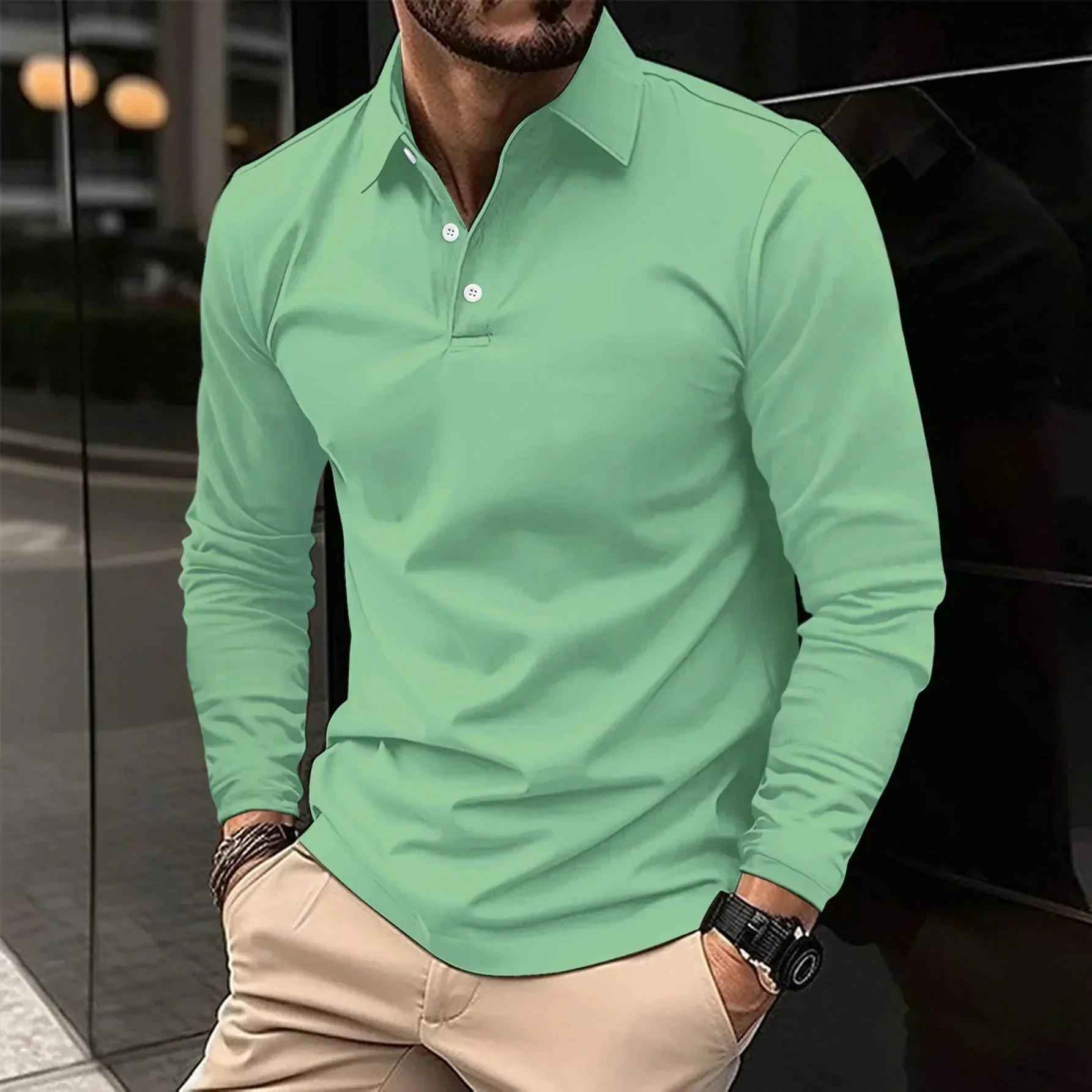 Long Sleeve Polo Shirt - Classic Button Neck