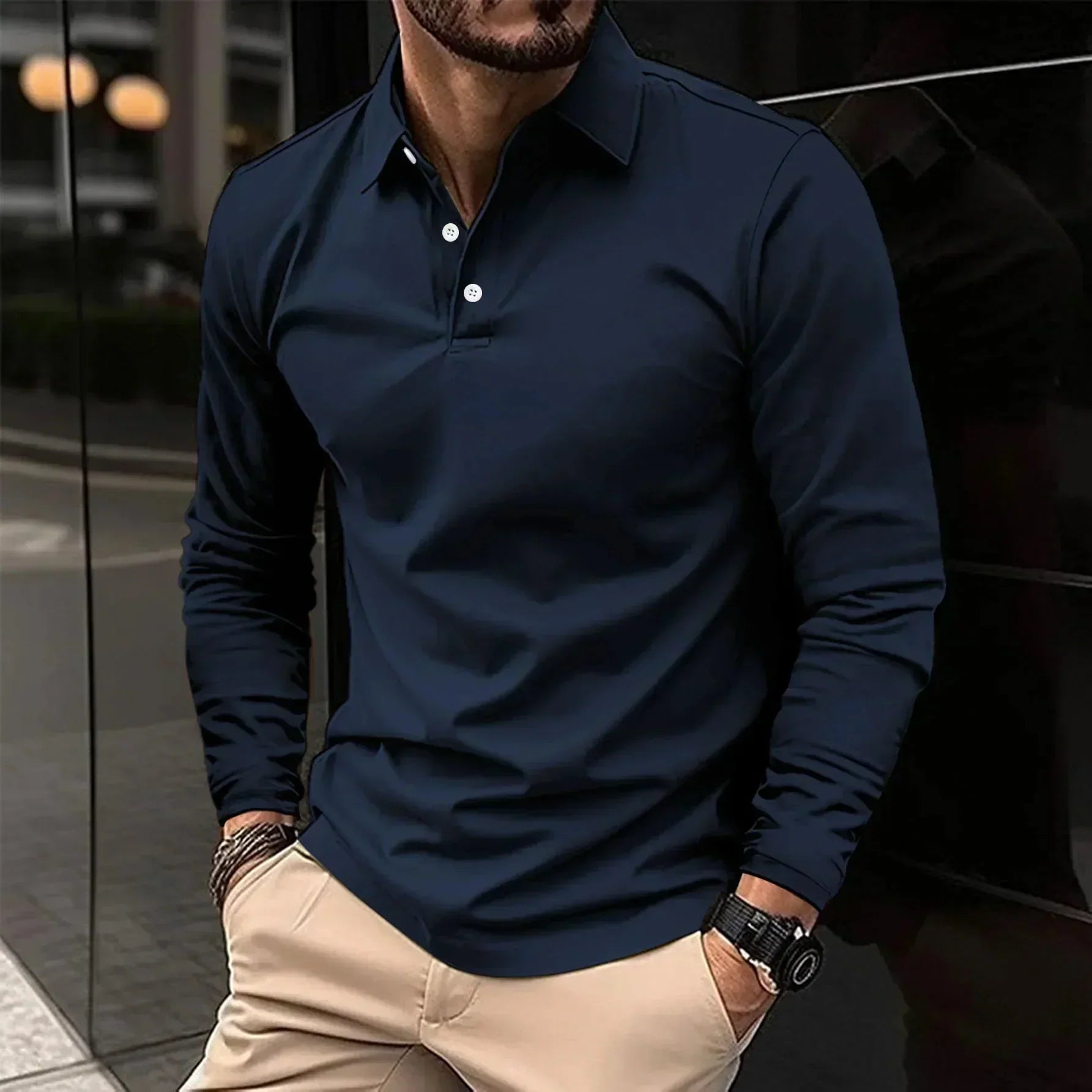 Long Sleeve Polo Shirt - Classic Button Neck