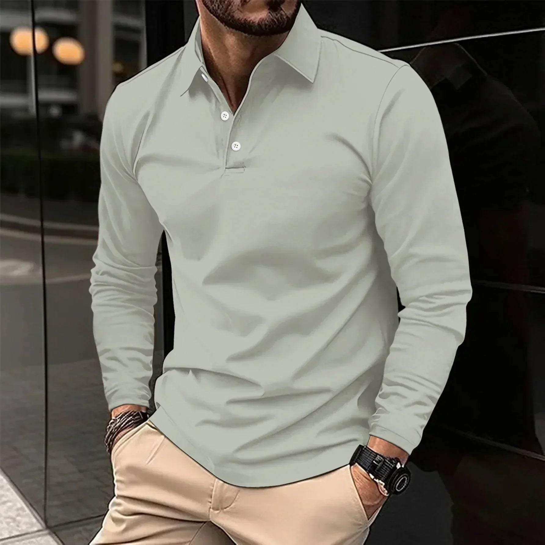 Long Sleeve Polo Shirt - Classic Button Neck
