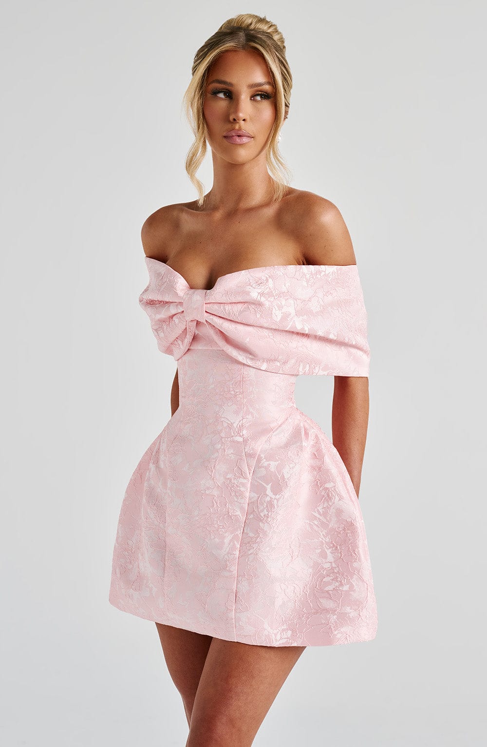 Women’s Off Shoulder Bow Bardot Mini Dress | Structured Tulip Skirt