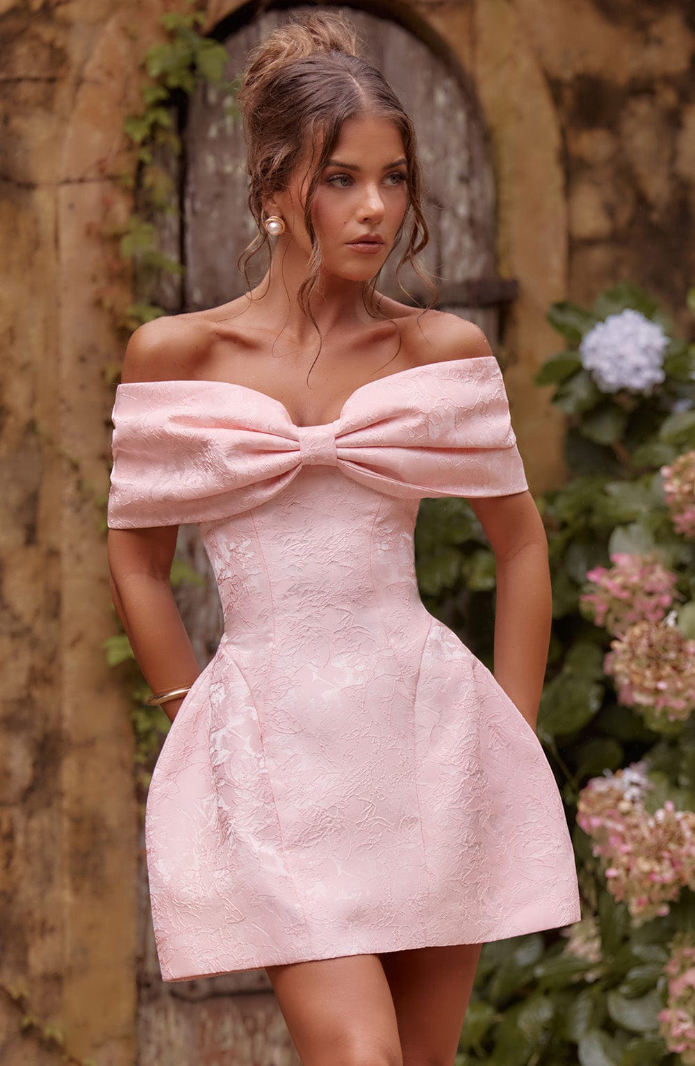 Women’s Off Shoulder Bow Bardot Mini Dress | Structured Tulip Skirt