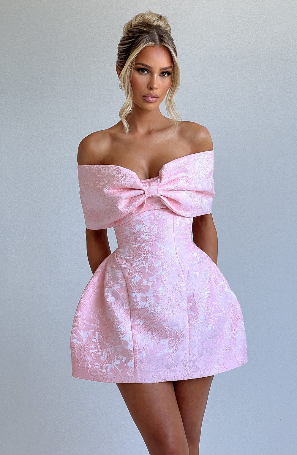 Women’s Off Shoulder Bow Bardot Mini Dress | Structured Tulip Skirt