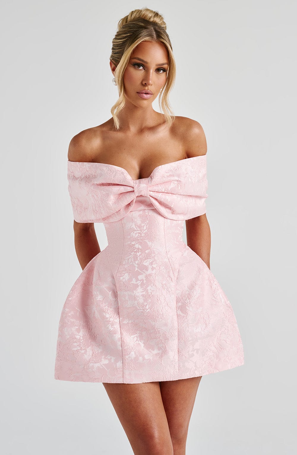 Women’s Off Shoulder Bow Bardot Mini Dress | Structured Tulip Skirt