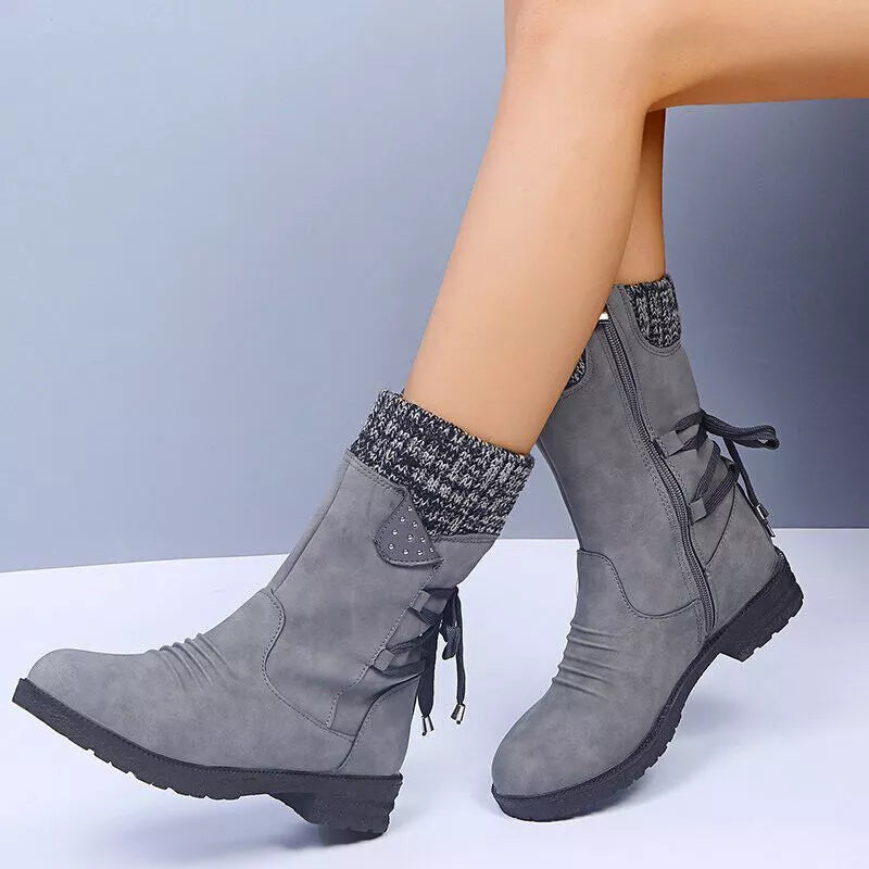 Mid Calf Boots | Knit Cuff and Bow Detail