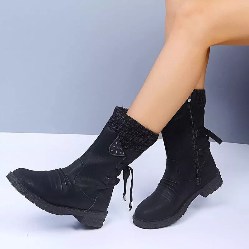 Mid Calf Boots | Knit Cuff and Bow Detail