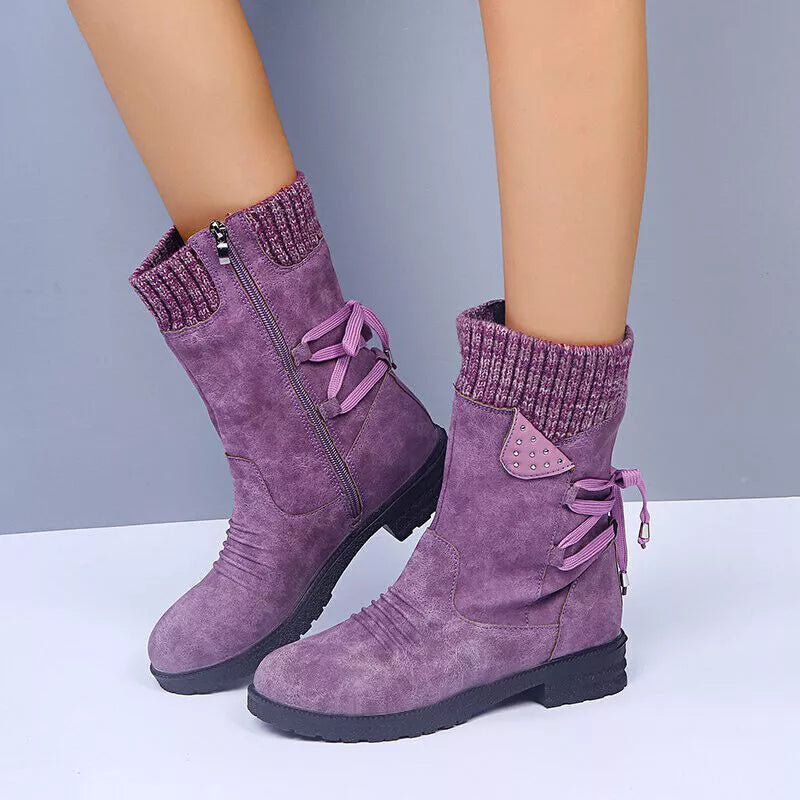 Mid Calf Boots | Knit Cuff and Bow Detail