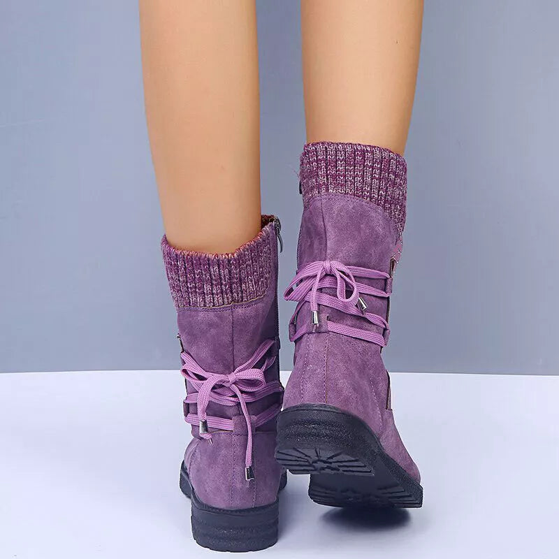 Mid Calf Boots | Knit Cuff and Bow Detail