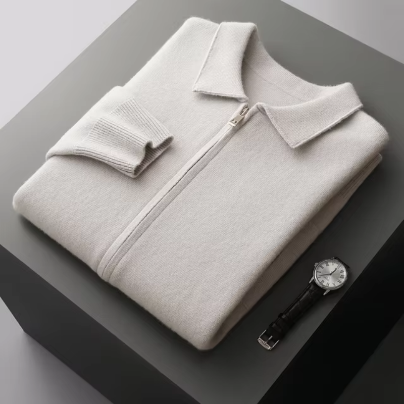Zip Cardigan - Minimal Collar and Fine Knit Finish