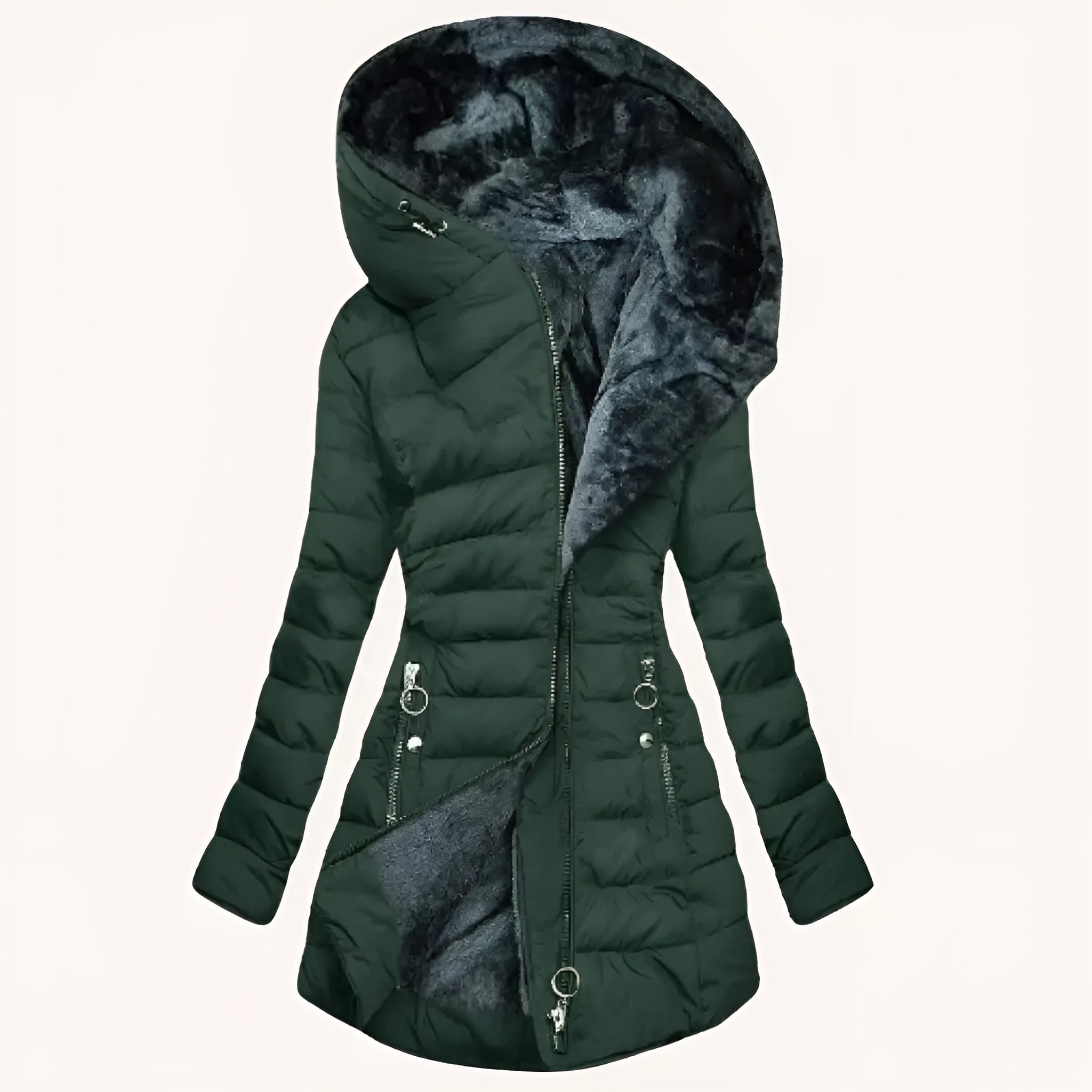 Puffer Coat | Long Hooded with Side Zip Detail