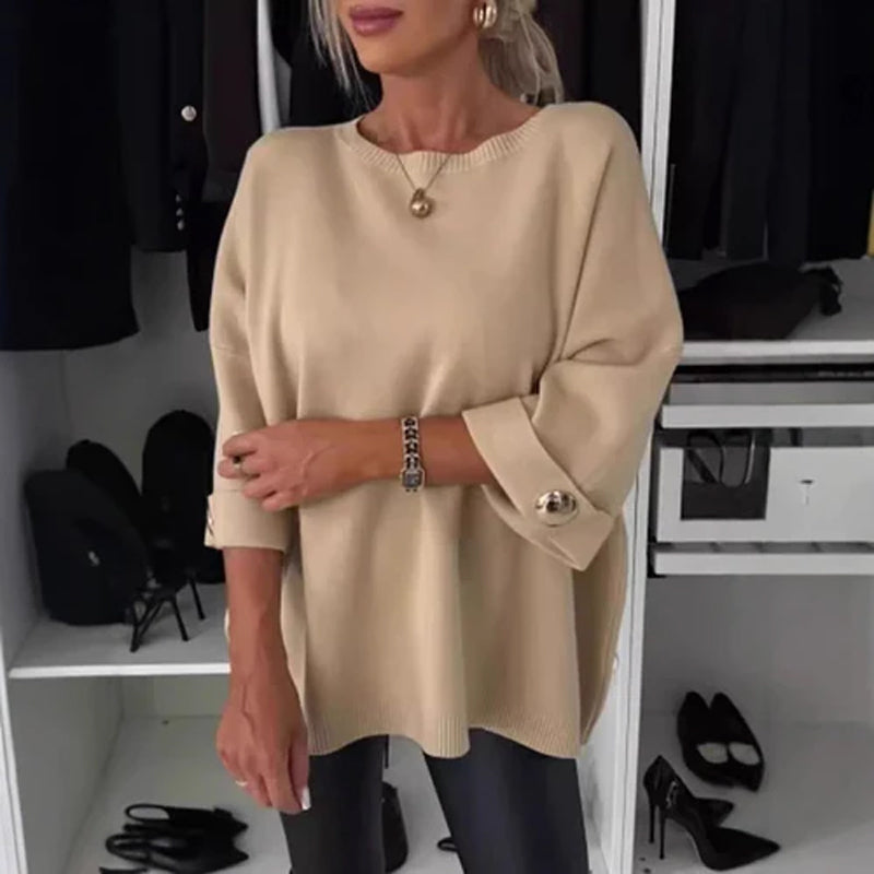 Long Sleeve Sweater Top | Relaxed Fit with Button Sleeves