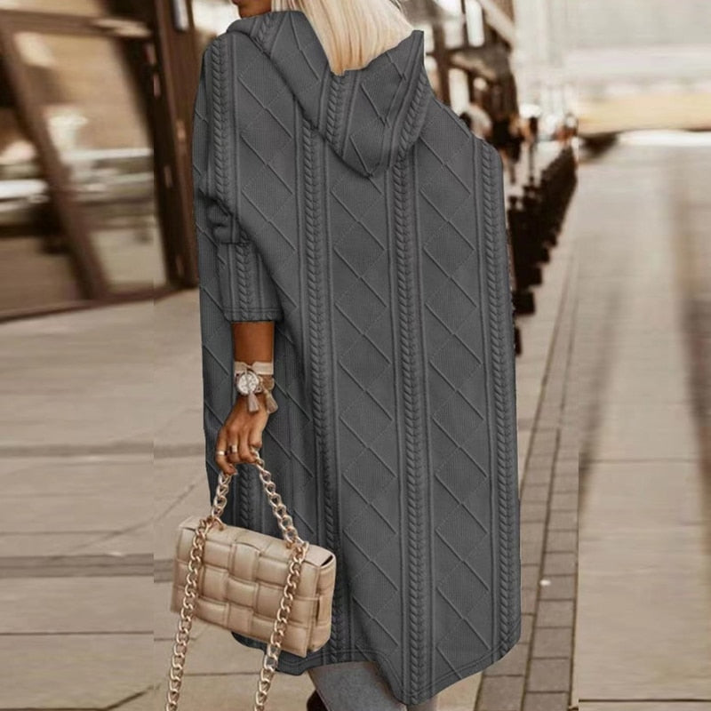 Long Knit Cardigan - Hooded Open Front