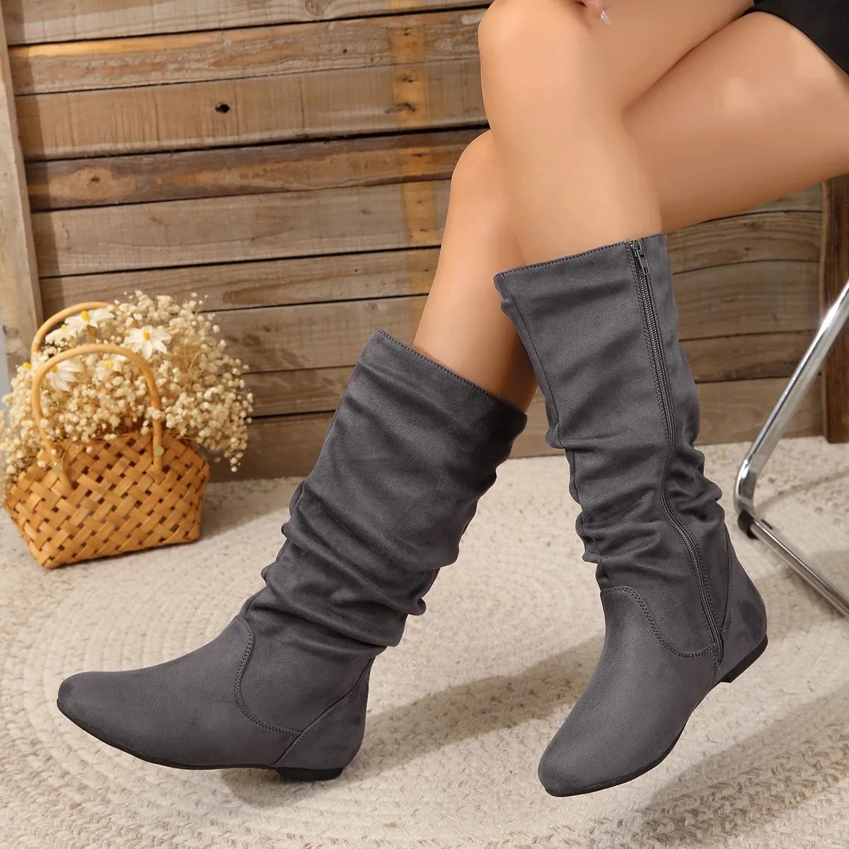 Mid Calf Boots - Flat Sole Slouch Style with Zip