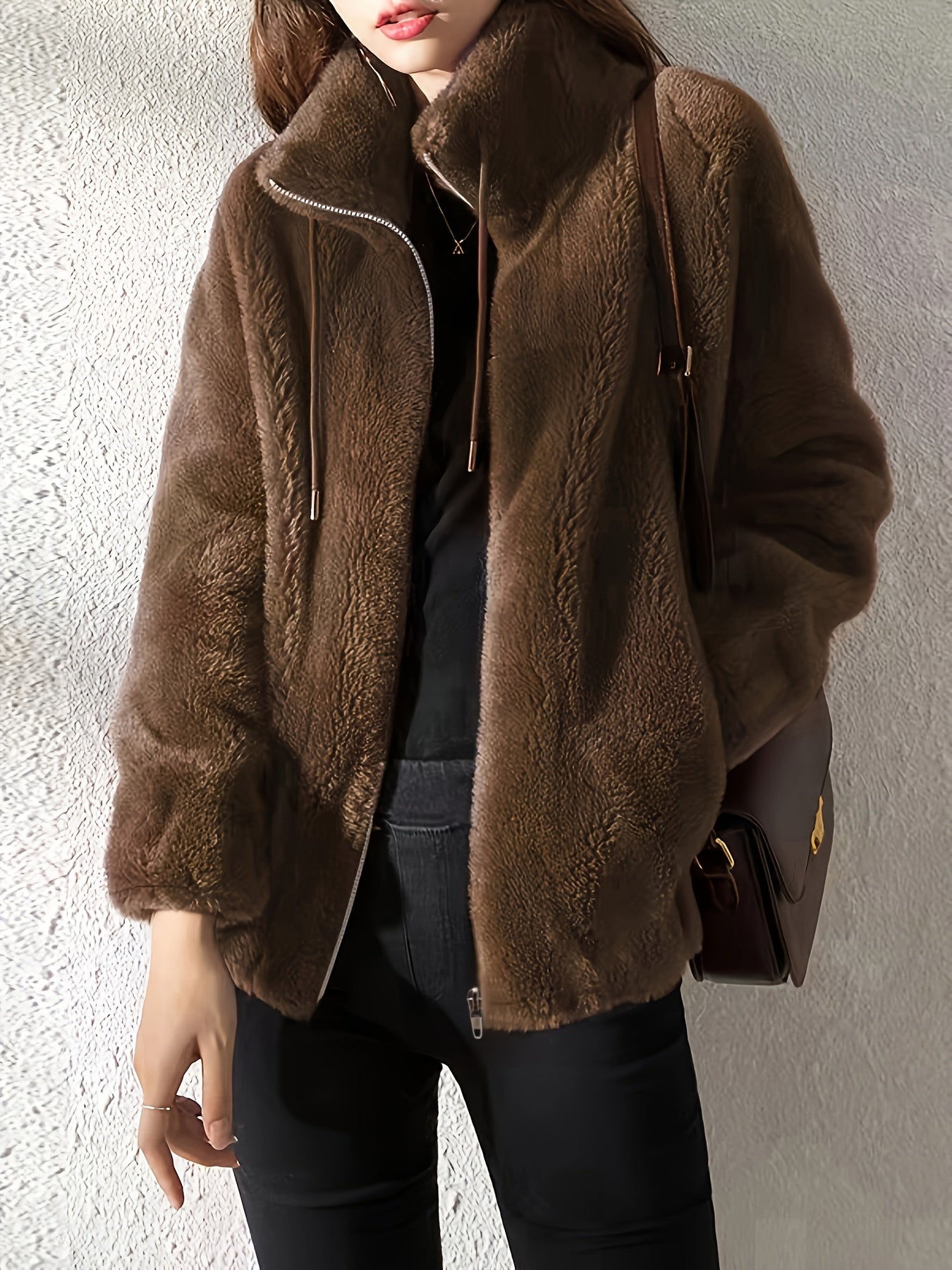 Teddy Jacket - High Neck Zip Up with Drawstring