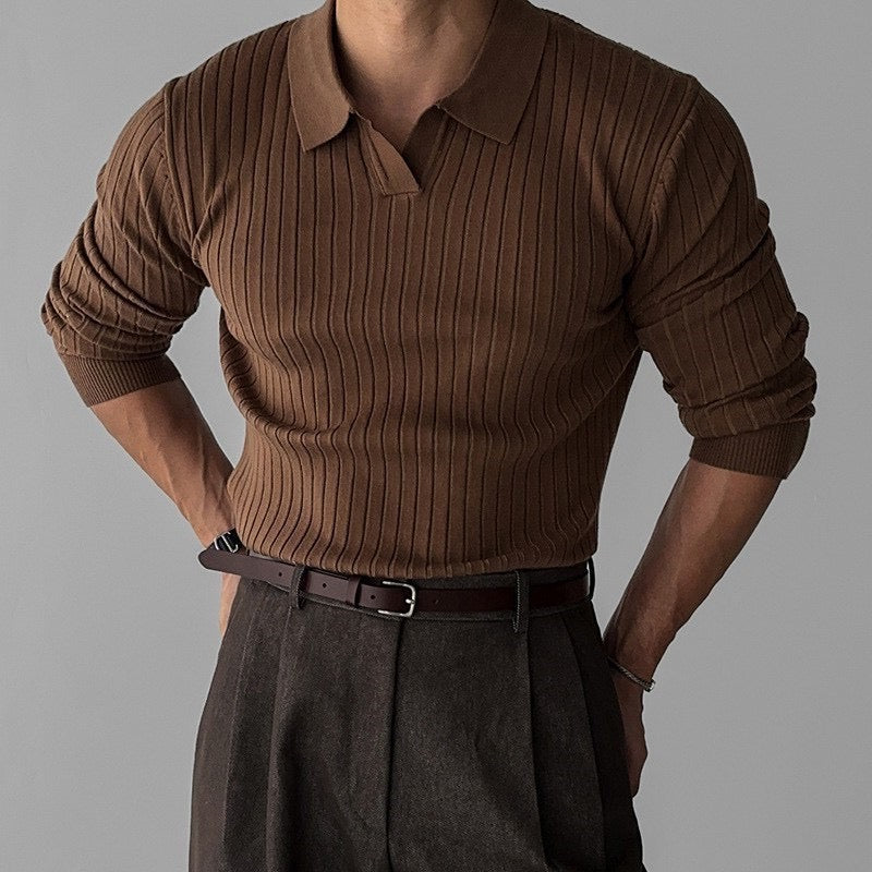 Long Sleeve Polo Shirt | Ribbed Knit Design