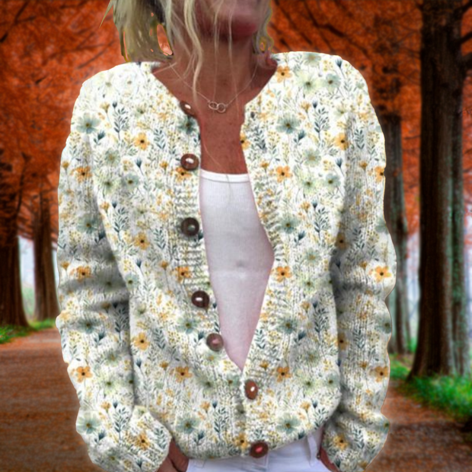 Button Up Knitted Cardigan - Floral Pattern