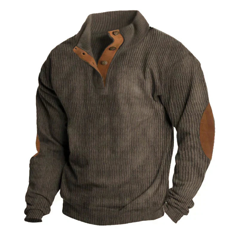 Half Button Knit Jumper - Ribbed Texture with Elbow Patches