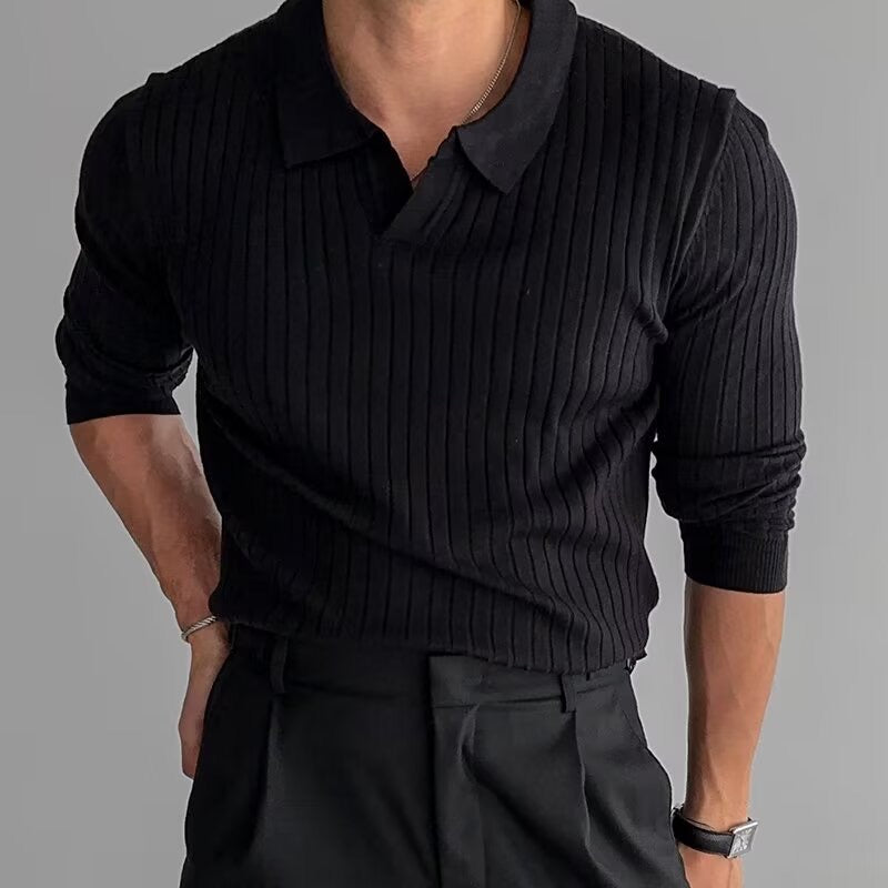 Long Sleeve Polo Shirt | Ribbed Knit Design