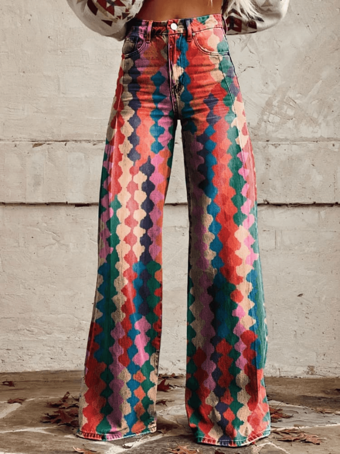 High Waist Wide Leg Trousers - Retro Printed Fit
