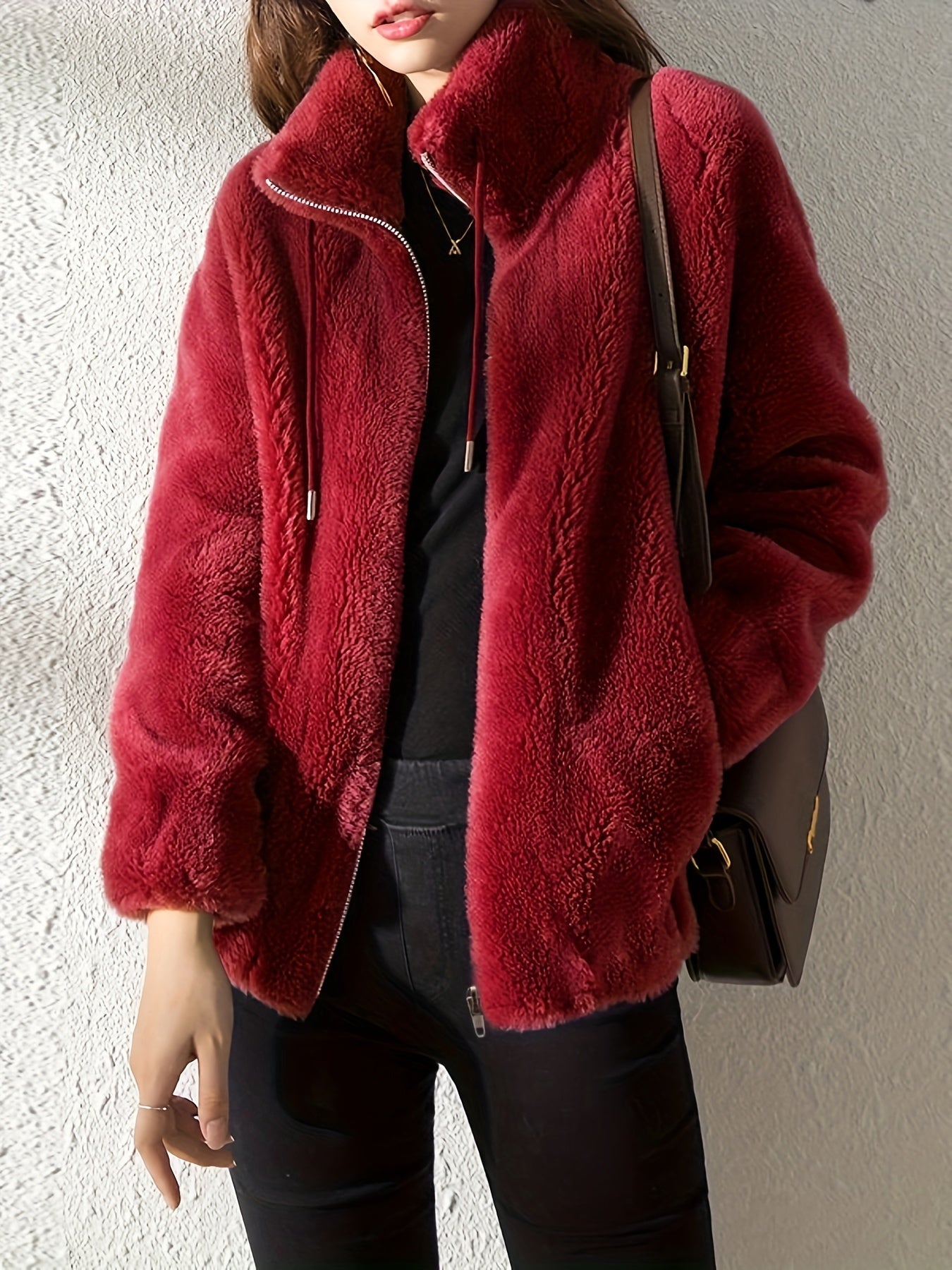 Teddy Jacket - High Neck Zip Up with Drawstring