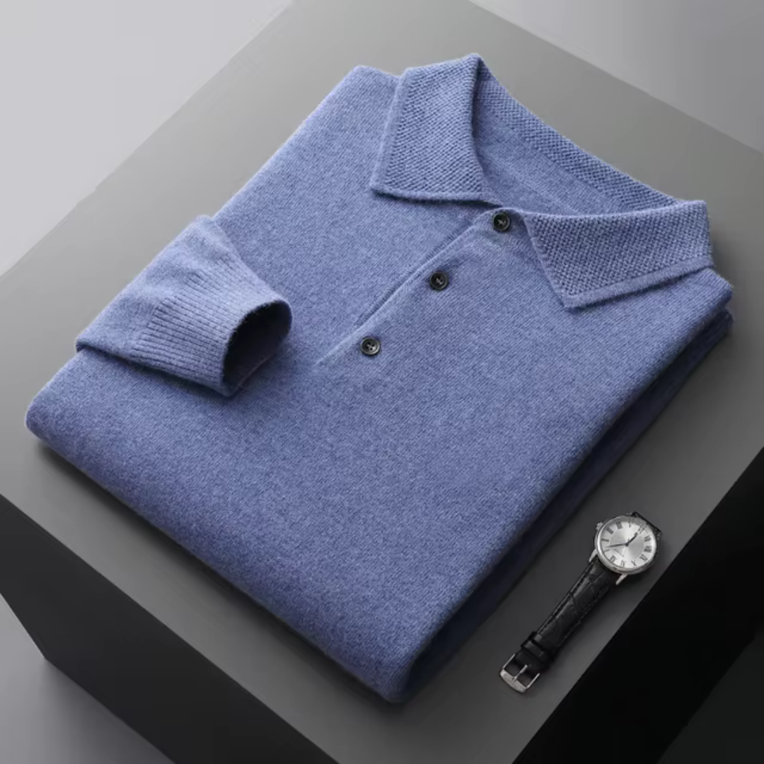 Long Sleeve Polo Jumper - Ribbed Collar Button Neck