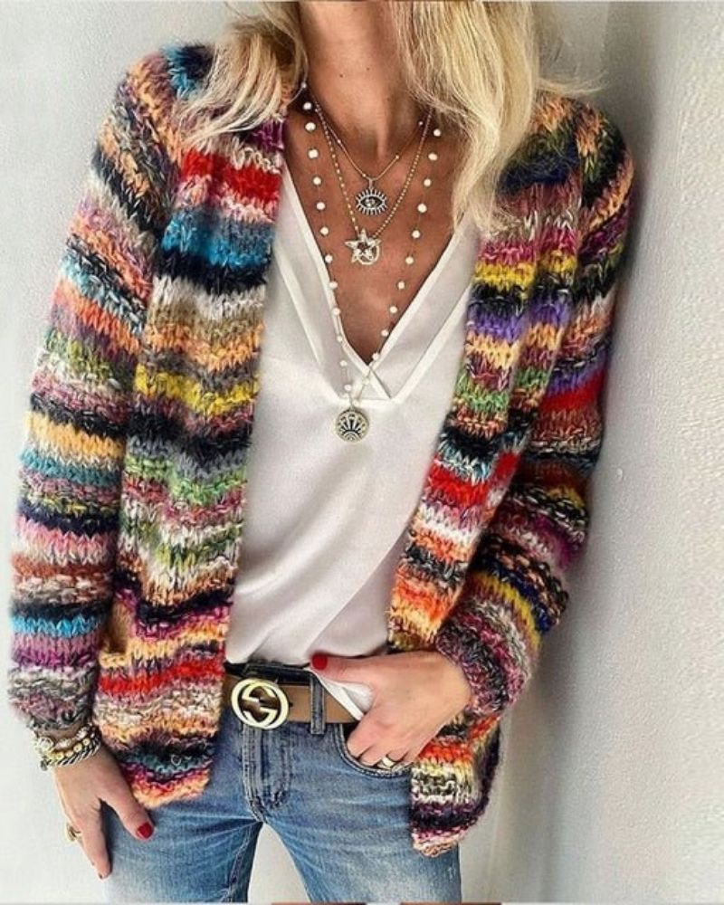 Open Front Cardigan- Multicolour Knit Design