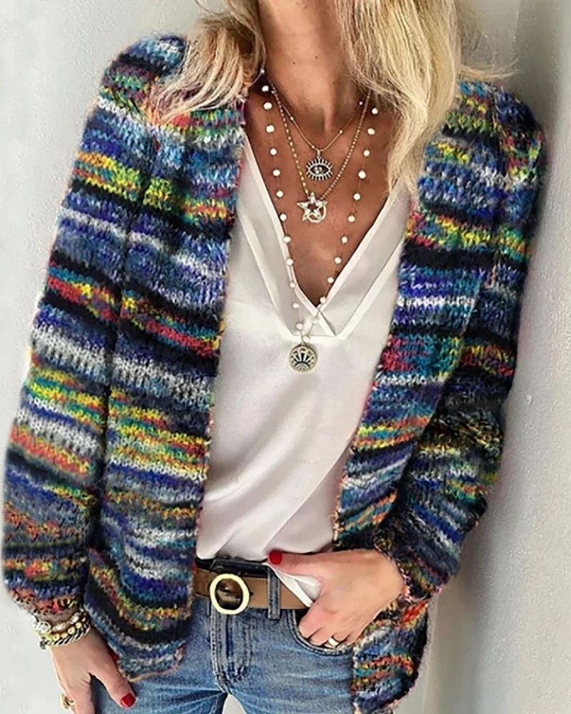 Open Front Cardigan- Multicolour Knit Design