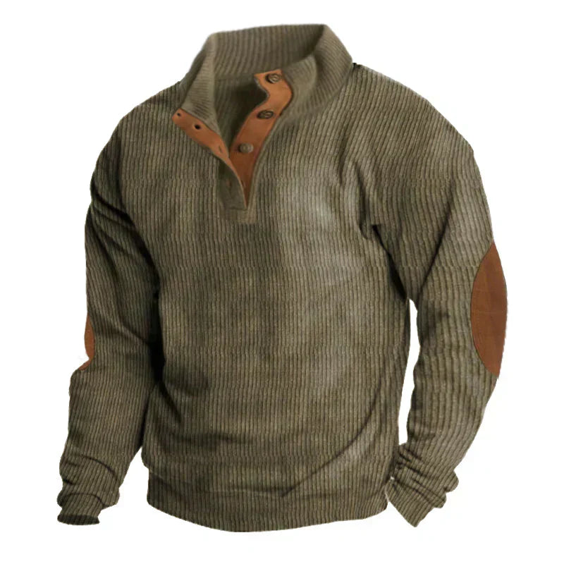 Half Button Knit Jumper - Ribbed Texture with Elbow Patches
